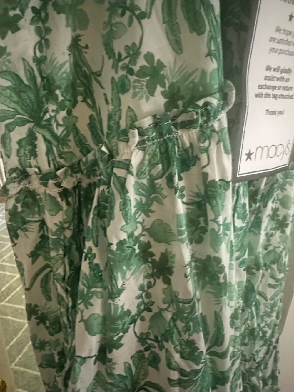 Macy's Green and White Floral Draped Accent Fabric Panel dress